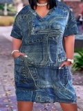 LW Plus Size Imitation Denim V Neck Pocket Design Dress