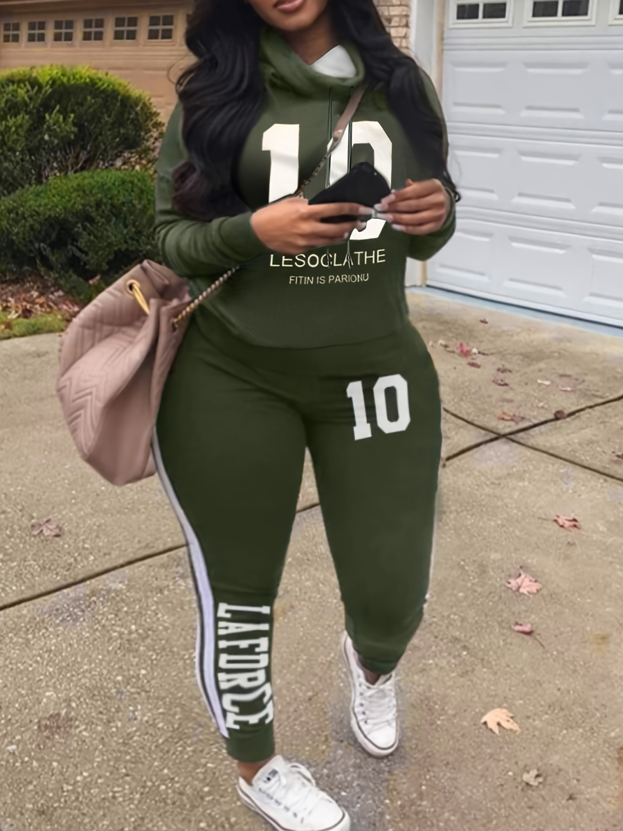 LW Plus Size Drawstring Letter Striped Print Tracksuit Set