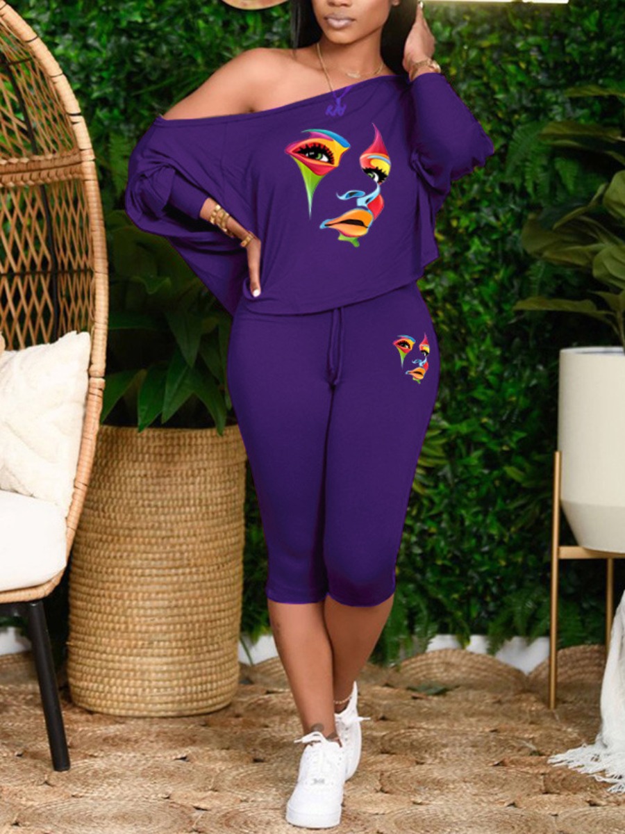 LW Plus Size One Shoulder Figure Print Drawstring 