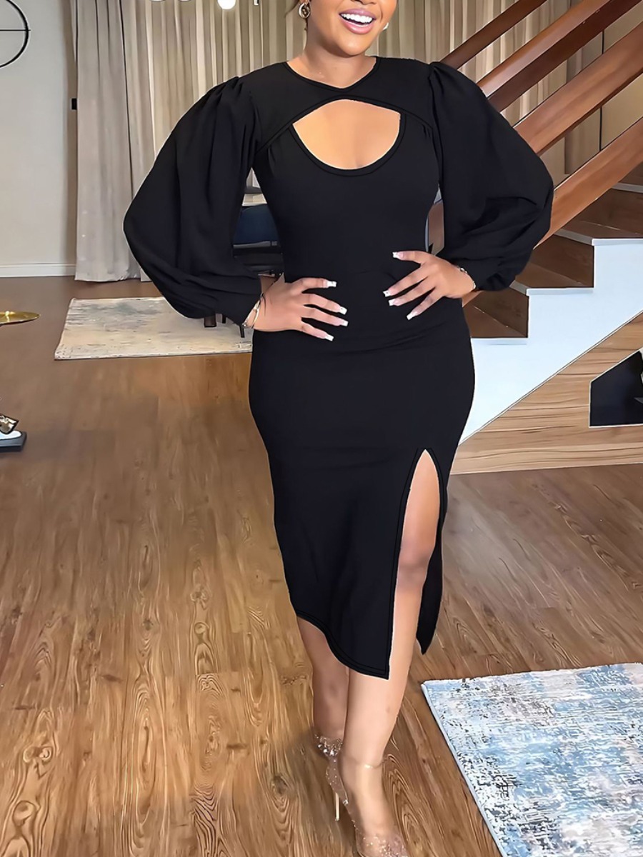 LW BASICS Plus Size Lantern Sleeve Cut Out Slit Dr