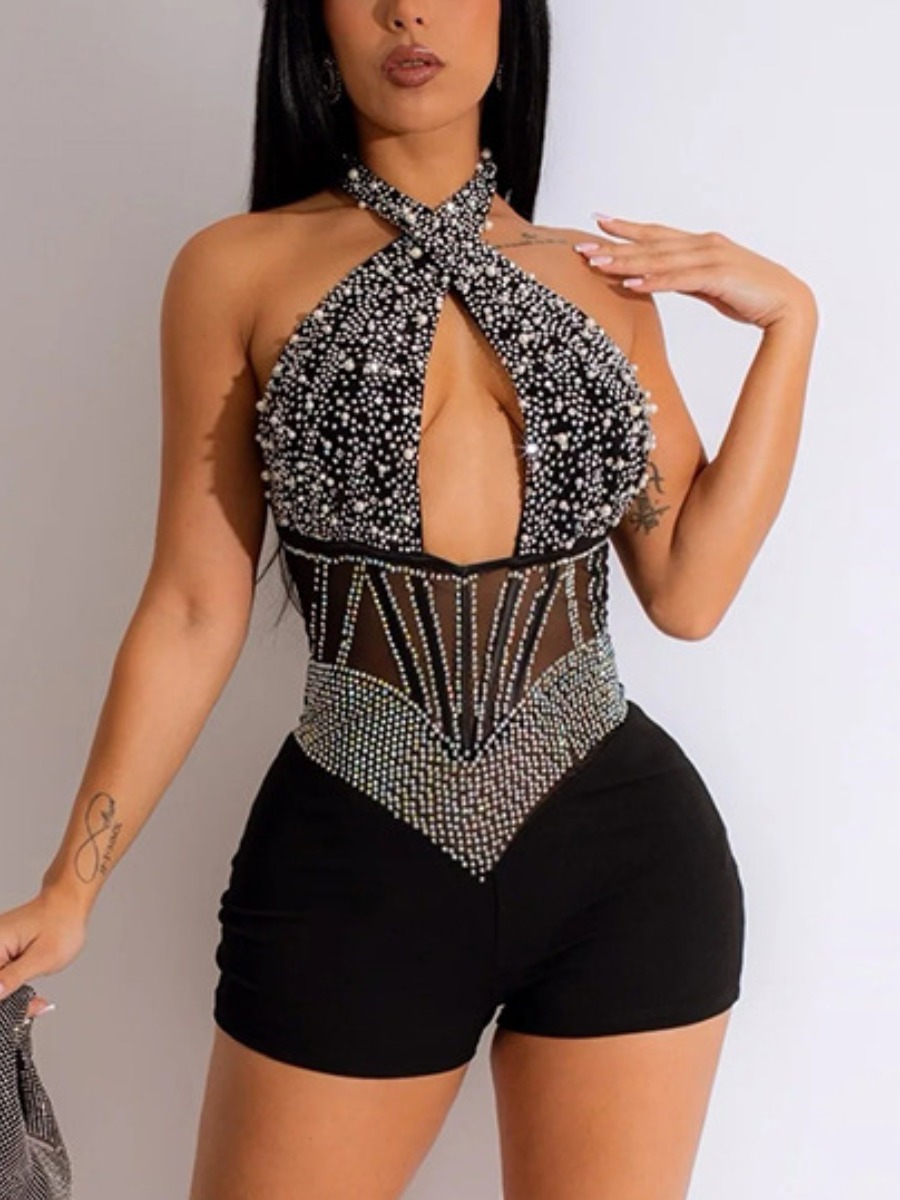 LW SXY Beading Rhinestones Criss Cross Halter Neck Romper