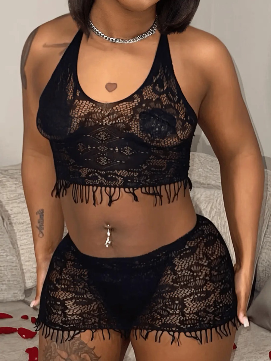 LovelyWholesale SXY Crop Top Mesh Tassel Design Shorts Set Summer Sleeveless Sxy Crop Top U Neck Spring Summer 2024