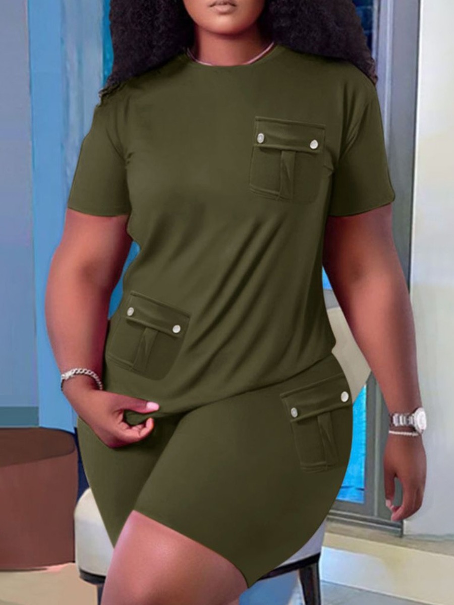 LW Plus Size Round Neck Pocket Design Shorts Set
