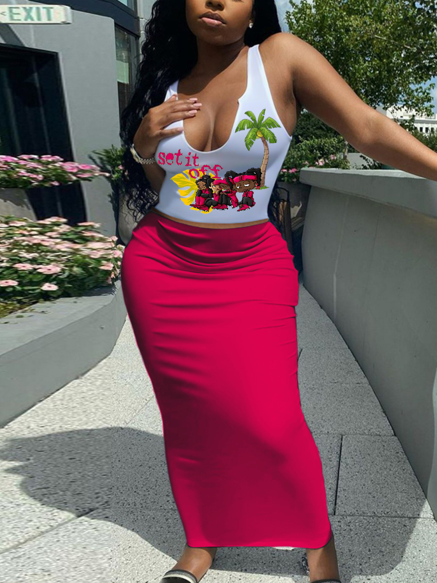 LW Cami Cartoon Letter Print Skinny Skirt Set
