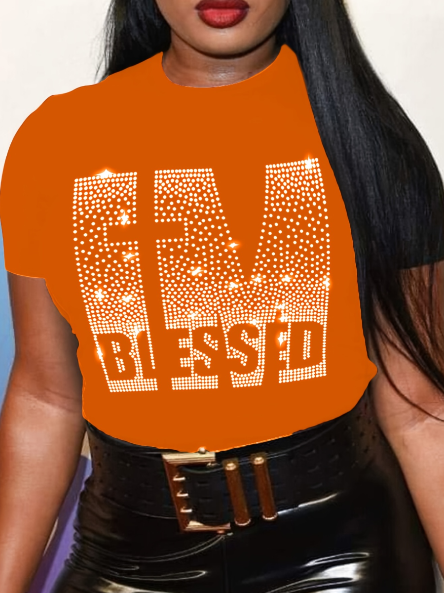 LW Plus Size Rhinestone Blessed Letter T-shirt