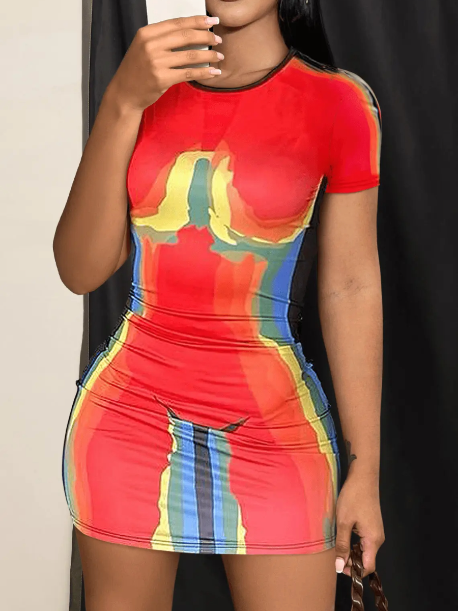 LovelyWholesale SXY Round Neck Body Heat Print Bodycon Dress Summer Short Sleeve Sxy Round Neck Spring Summer 2024
