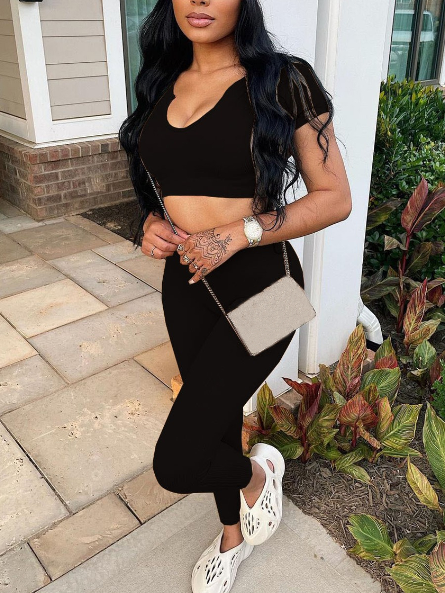 LW BASICS V Neck Crop Top Skinny Pants Set