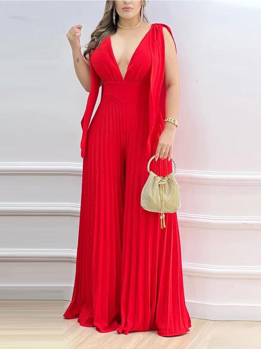 LW Plus Size Split Sleeve Pleated Wide Leg Jumpsuit