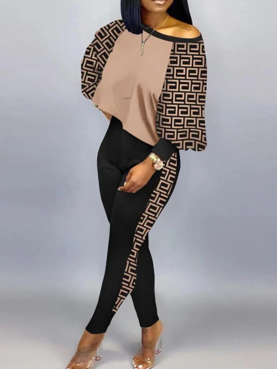 LW Plus Size Lantern Sleeve Geometric Print Pants Set