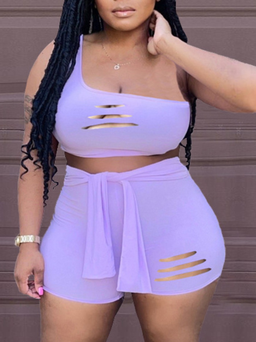 LW One Shoulder Bandage Design Ripped Shorts Set