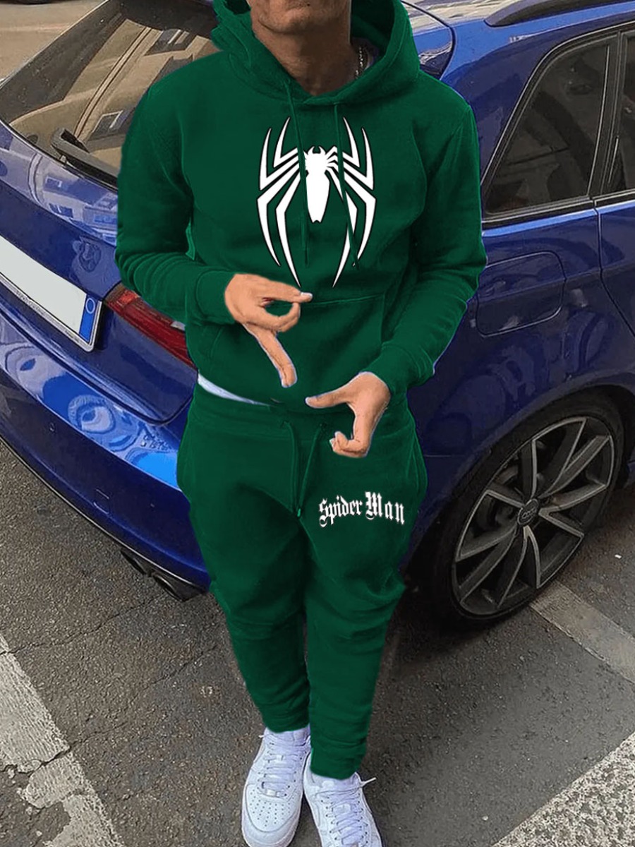 LW Men Spider Print Kangaroo Pocket Tracksuit Set