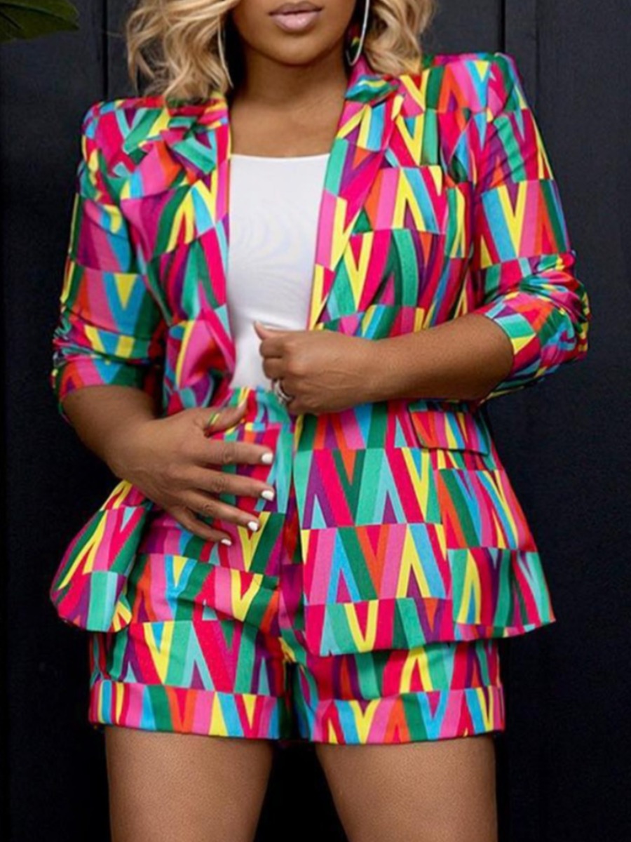 LovelyWholesale Plus Size Geometric Print Patchwork Blazer Shorts Set Spring Long Sleeve Elegant Lapel Neck  3X Spring Summer 2024