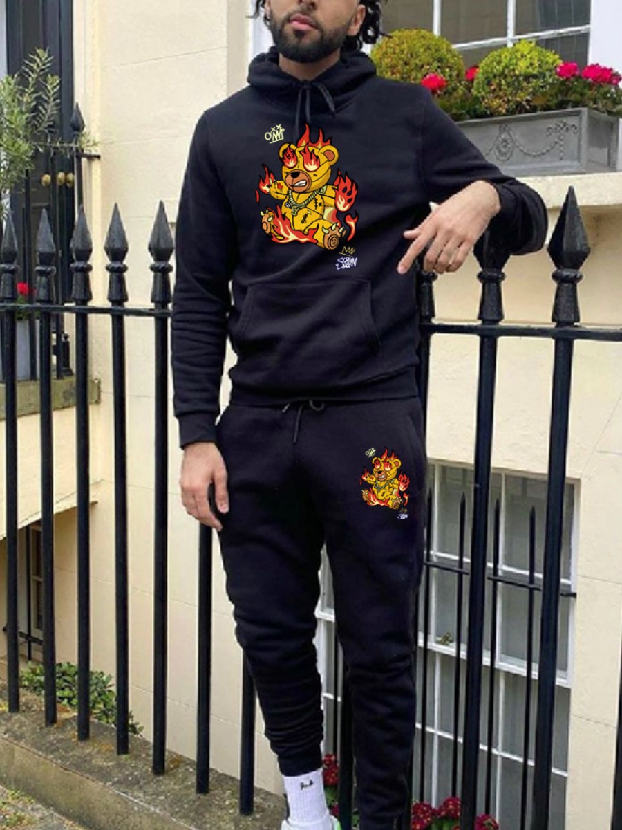 LW Men Flame Cartoon Print Kangaroo Pocket Tracksuit Set