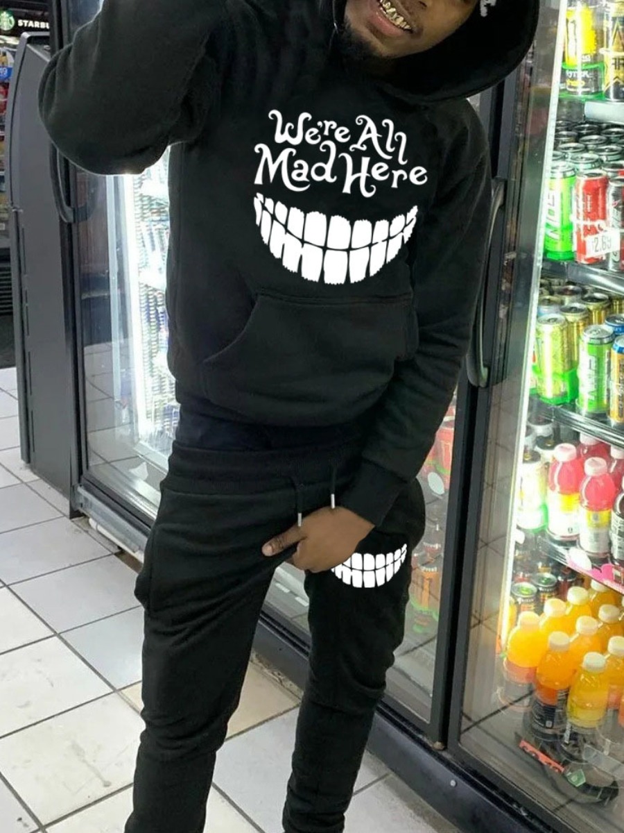 LW Men Teeth Letter Print Kangaroo Pocket Design T