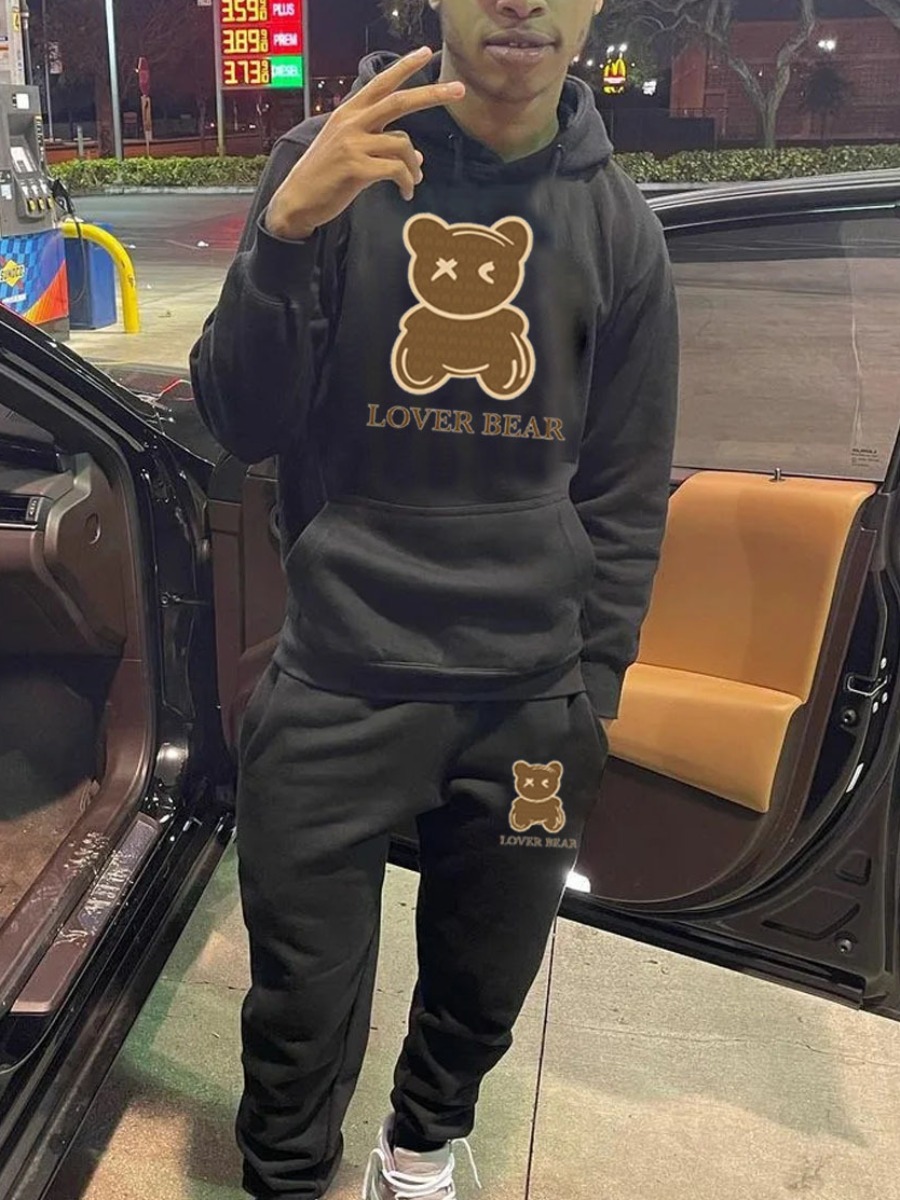 LW Men Lover Bear Letter Print Kangaroo Pocket Tracksuit Set