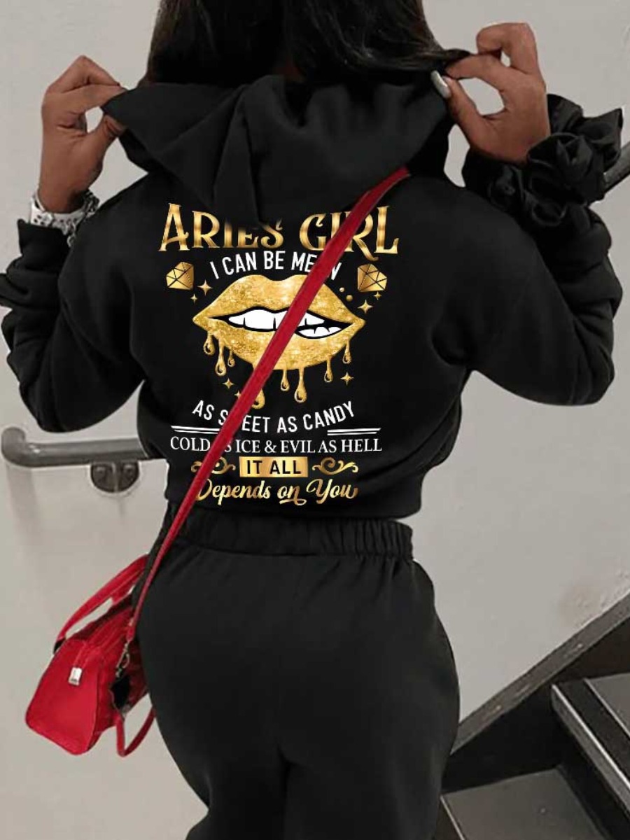 LW Lip Letter Print Kangaroo Pocket Hoodie
