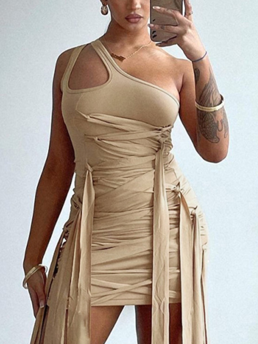LW One Shoulder Tassel Bandage Design Bodycon Dres