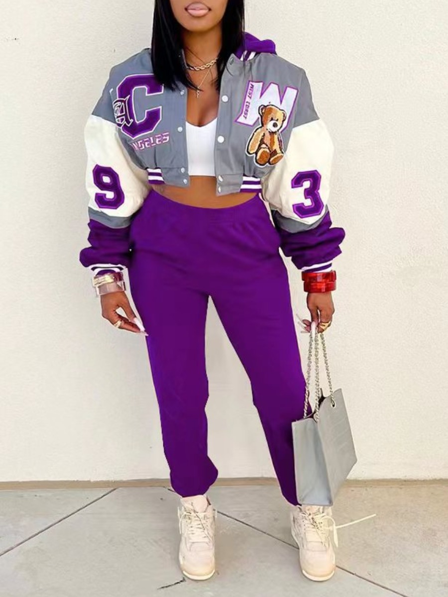LW Plus Size Crop Top Teddy Bear Letter Print Tracksuit Set
