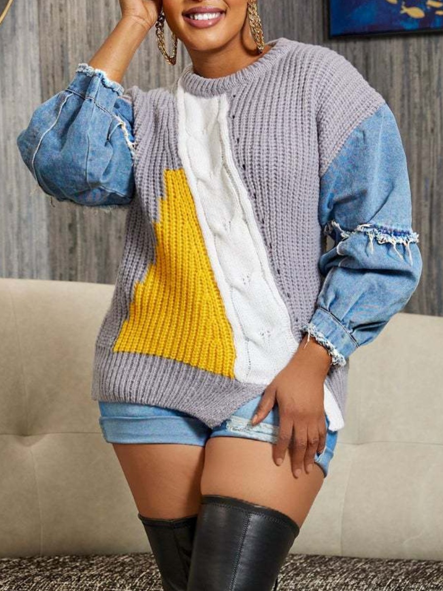 LW Plus Size Dropped Shoulder Denim Patchwork Swea