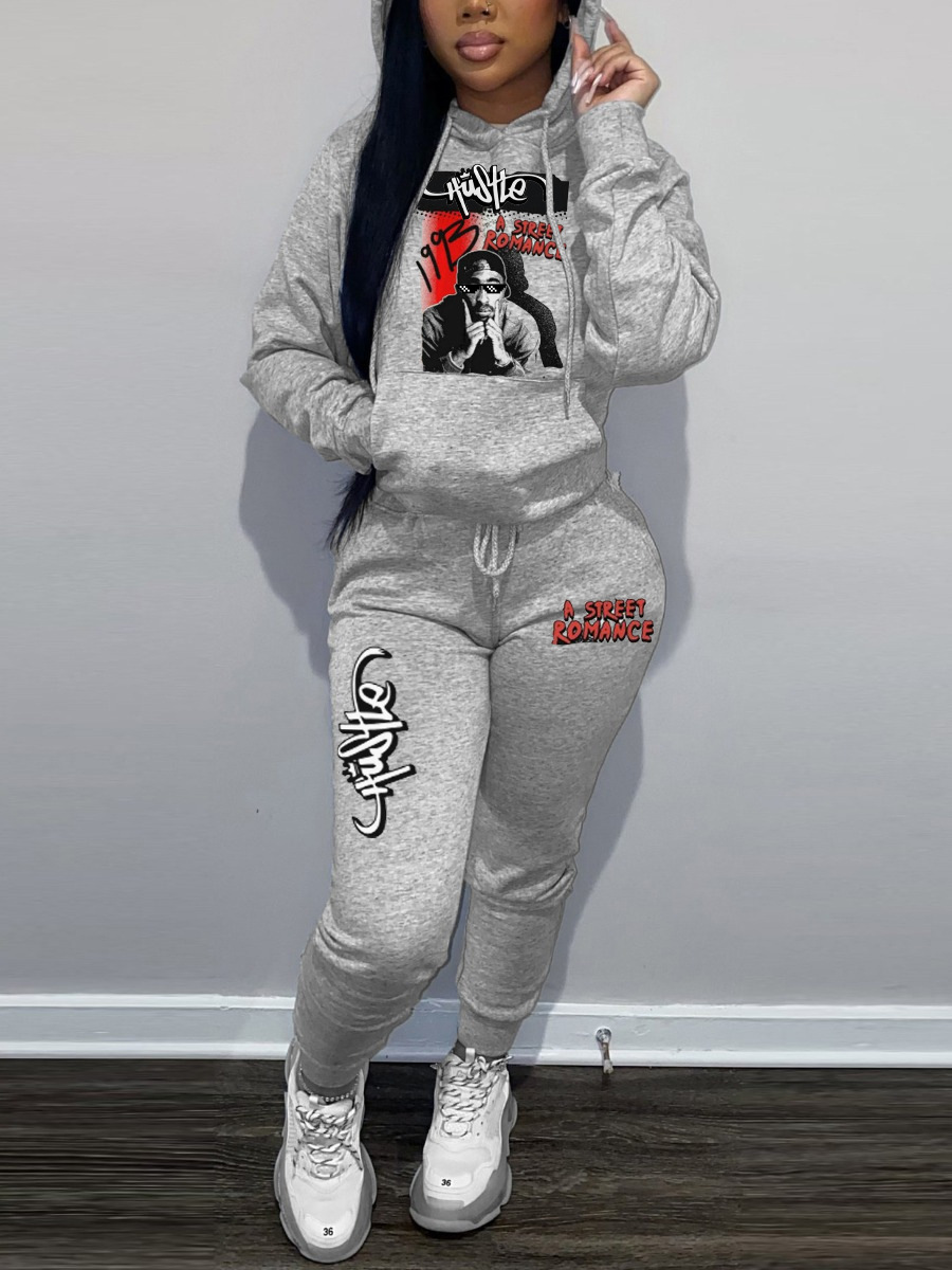 LW Figure Letter Print Kangaroo Pocket Tracksuit Set