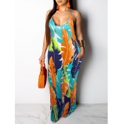 LW Stylish Printed Backless Blue Floor Length Dres