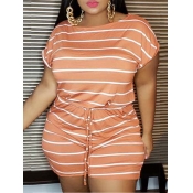 LW Plus Size Leisure O Neck Striped Orange One-pie