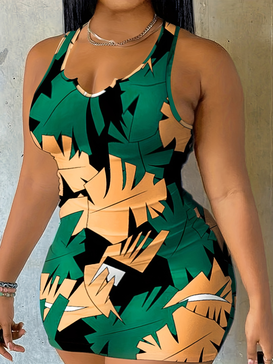 LovelyWholesale Plus Size Leaf Print Bodycon Cami Dress Summer Sleeveless Casual Round Neck  4X Spring Summer 2024