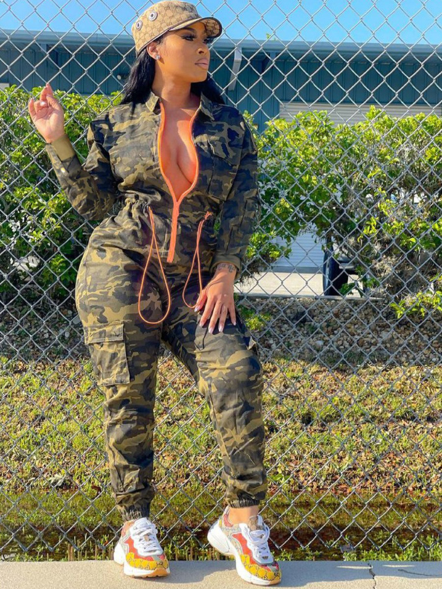 LW Plus Size Camo Print Drastring Side Pocket Jumpsuit 0X