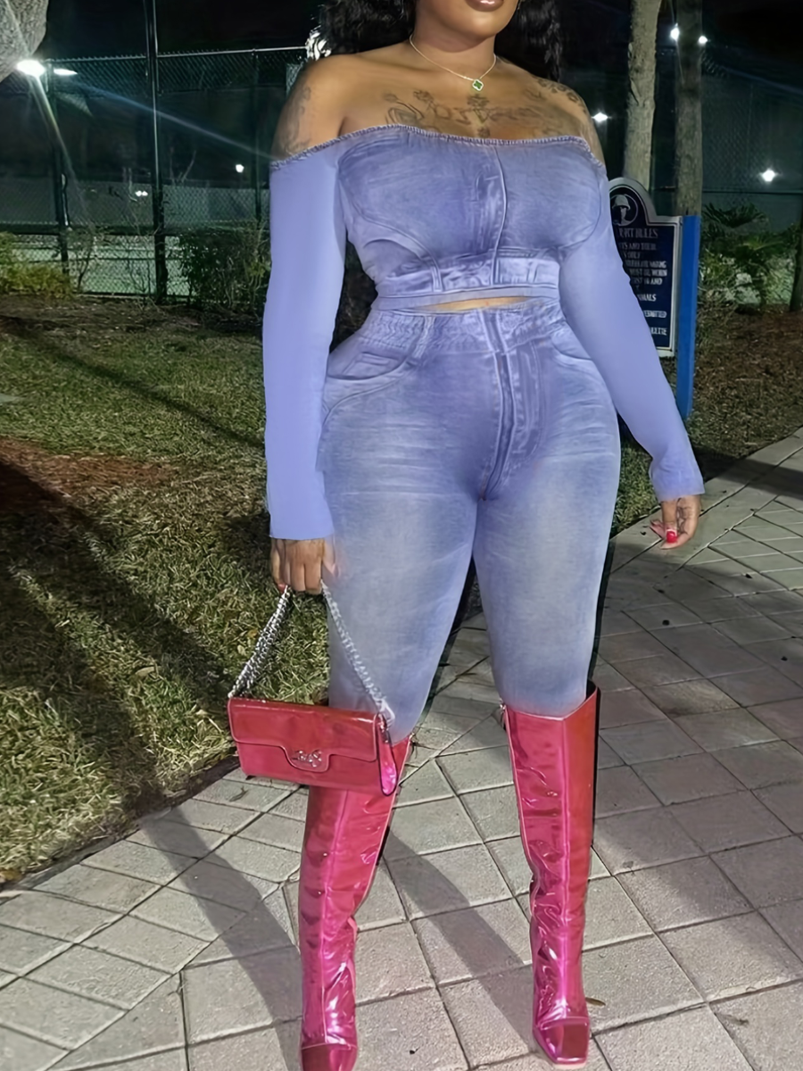LW Imitation Denim Off The Shoulder Crop Top Pants Set