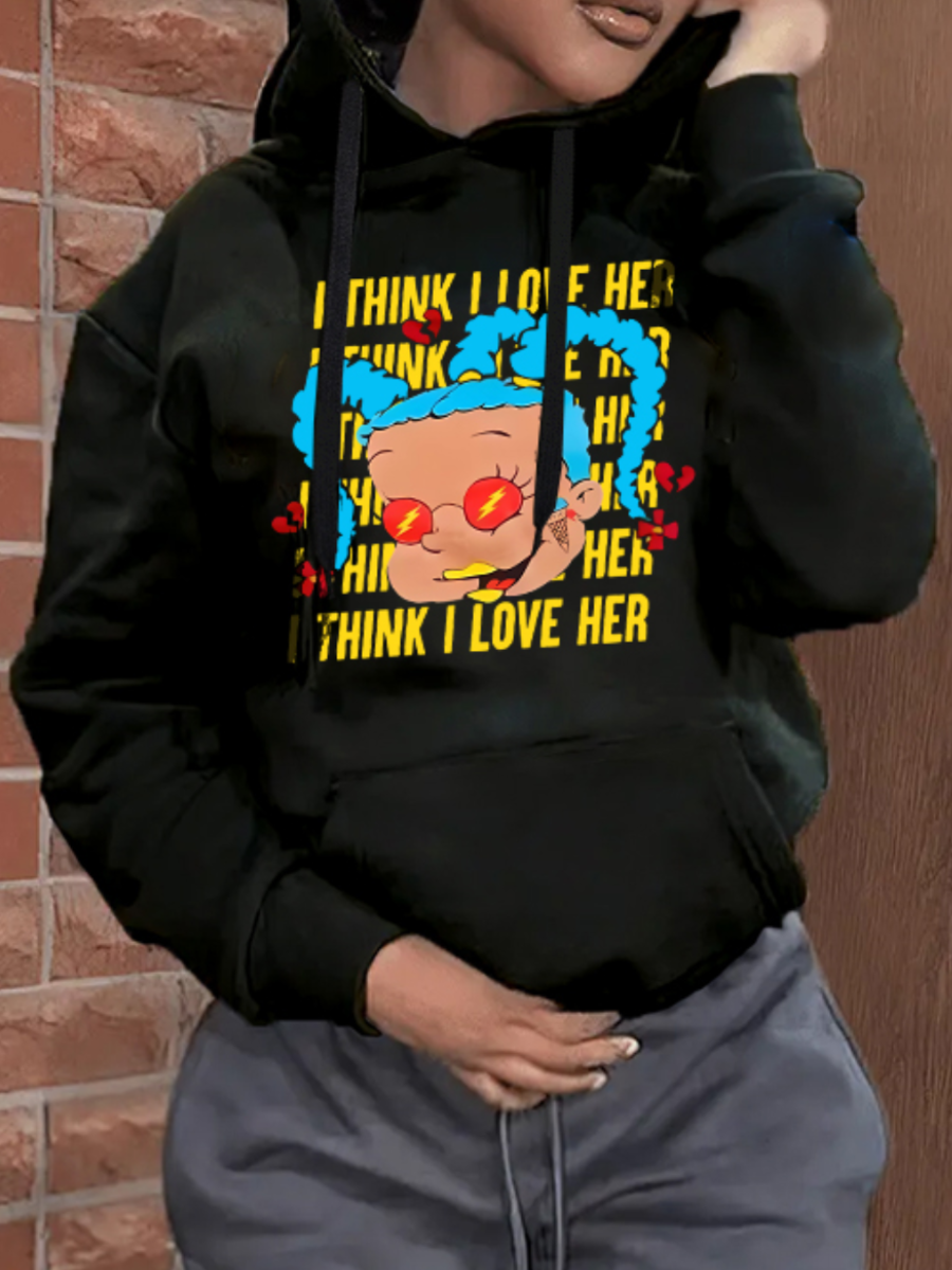 LW Pattern Kangaroo Pocket Cartoon Print Letter Loose Hoodie