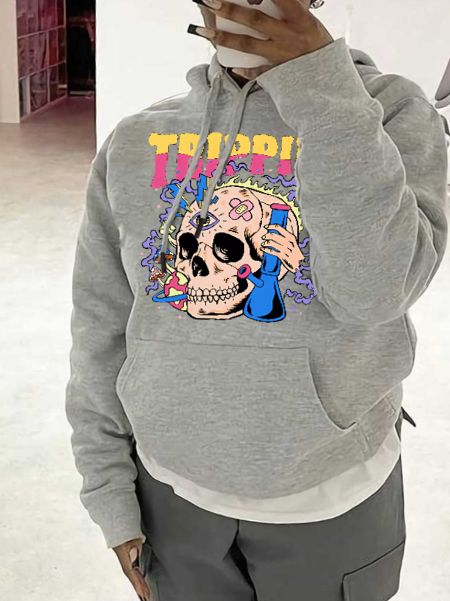 LW Plus Size Skull Head Letter Print Kangaroo Pocket Hoodie