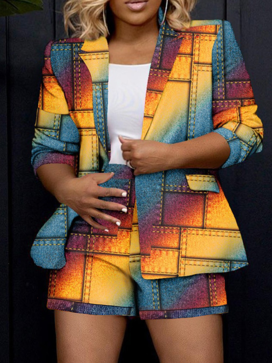 LovelyWholesale Plus Size Gradient Blazer Shorts Set Spring Long Sleeve Business Pattern Lapel Neck  3X Spring Summer 2024