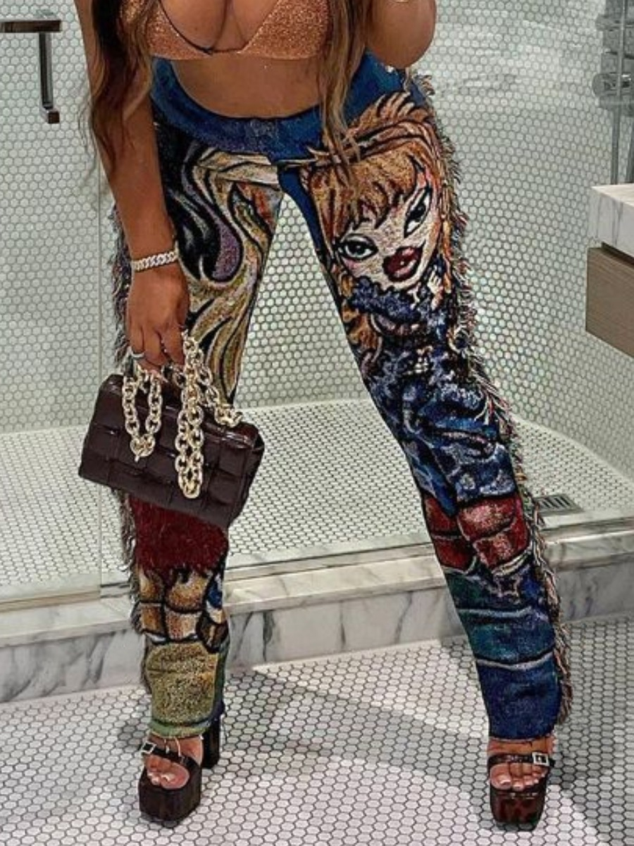 LW Figure Mixed Print Tassel Design Pants
