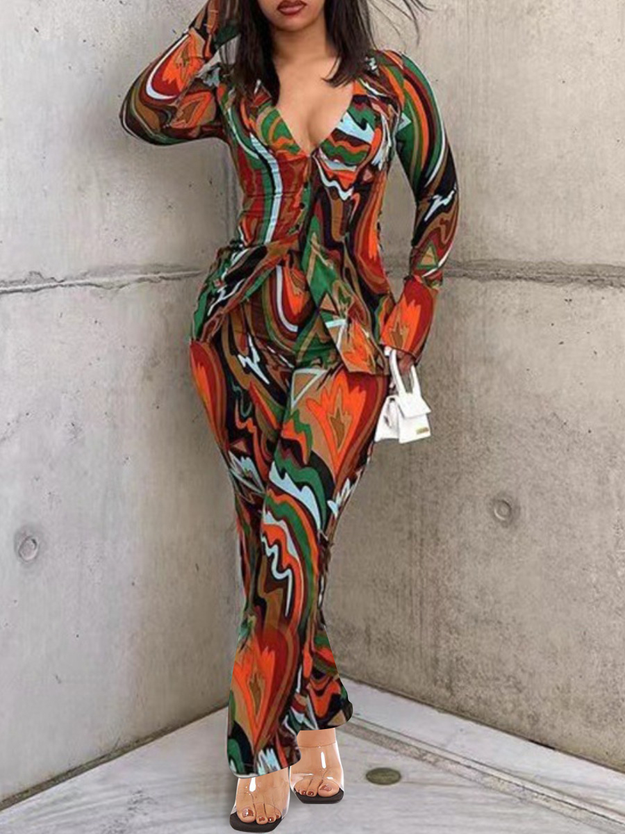 LW V Neck Mixed Print Flared Pants Set