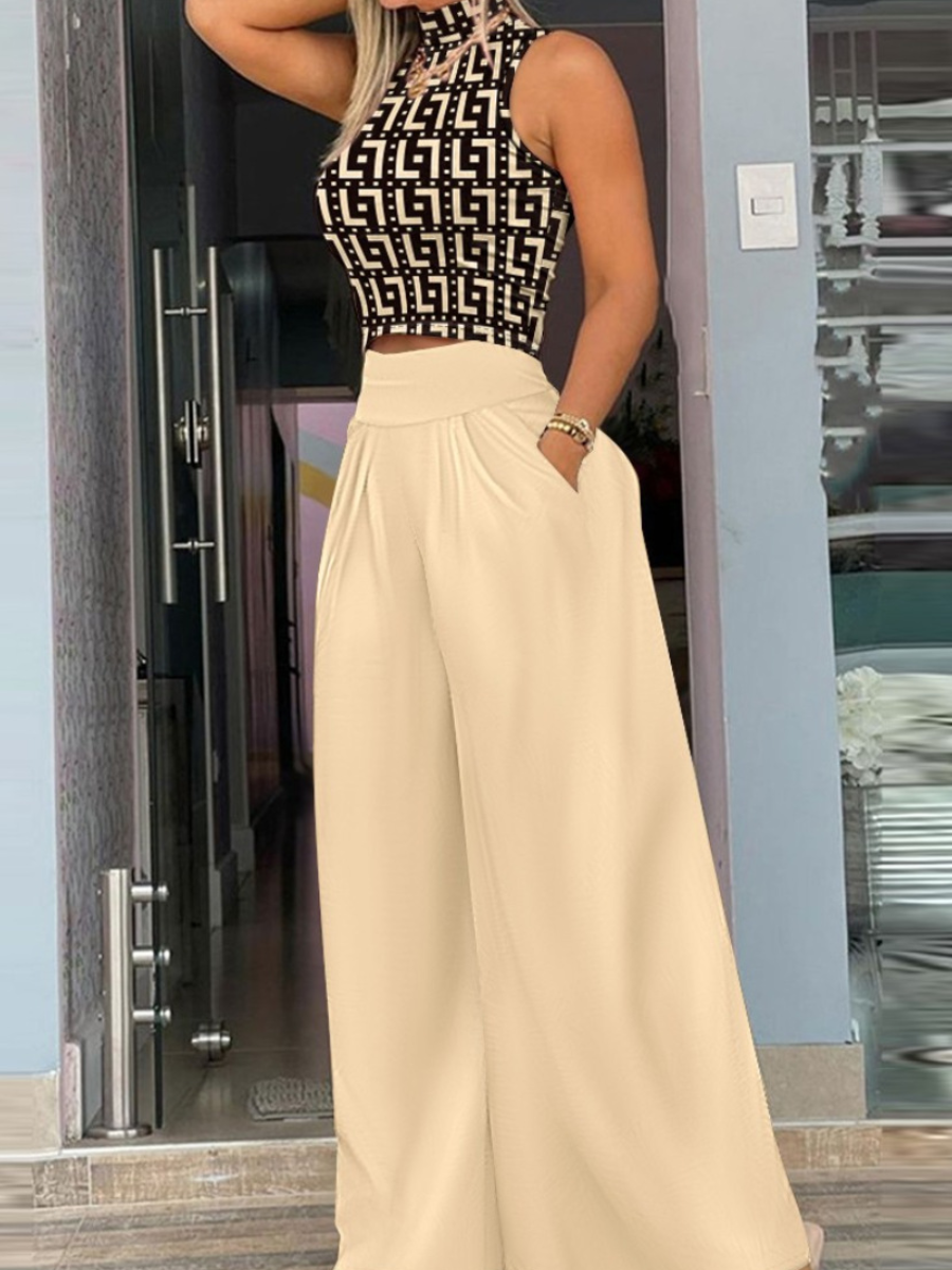 LovelyWholesale Crop Top Geometric Print Wide Leg Pants Set Spring Sleeveless Elegant Crop Top Mock Neck Spring Summer 2024