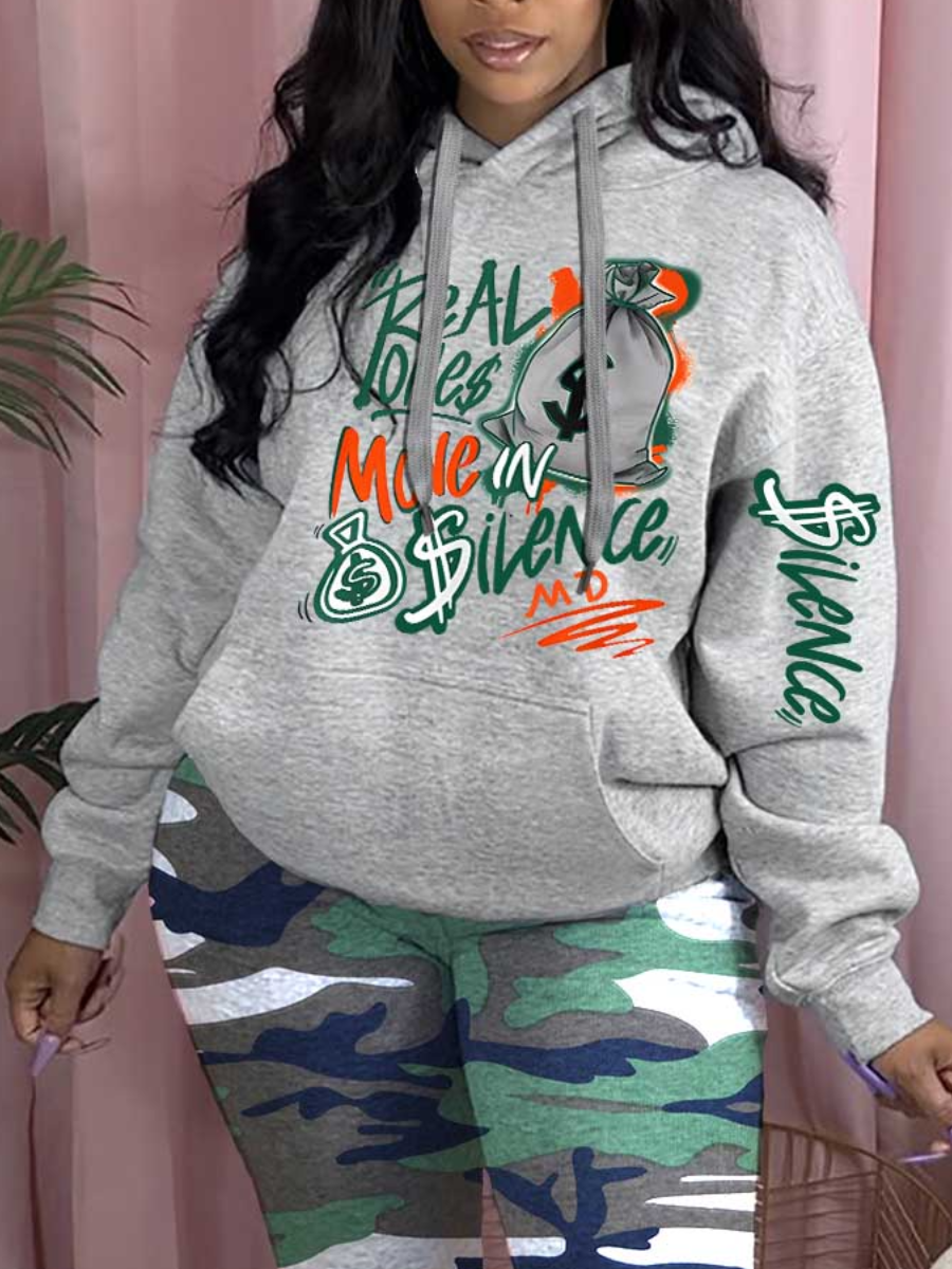 LovelyWholesale Plus Size Letter Print Kangaroo Pocket Hoodie Fall Long Sleeve Casual Hooded Collar  5X Spring Summer 2024