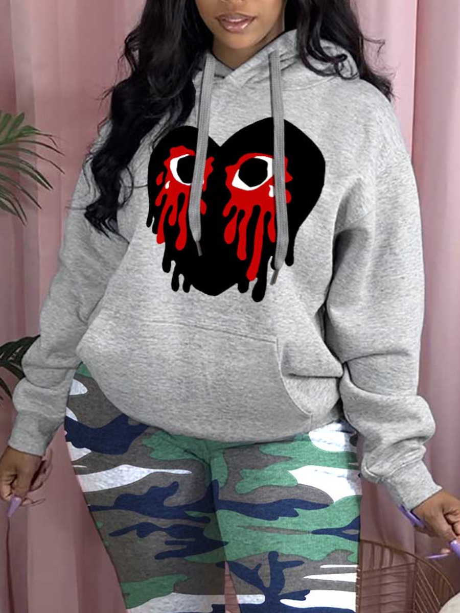 LovelyWholesale Plus Size Eye Heart Print Kangaroo Pocket Hoodie Fall Long Sleeve Casual Kangaroo Pocket Hooded Collar  5X Spring Summer 2024