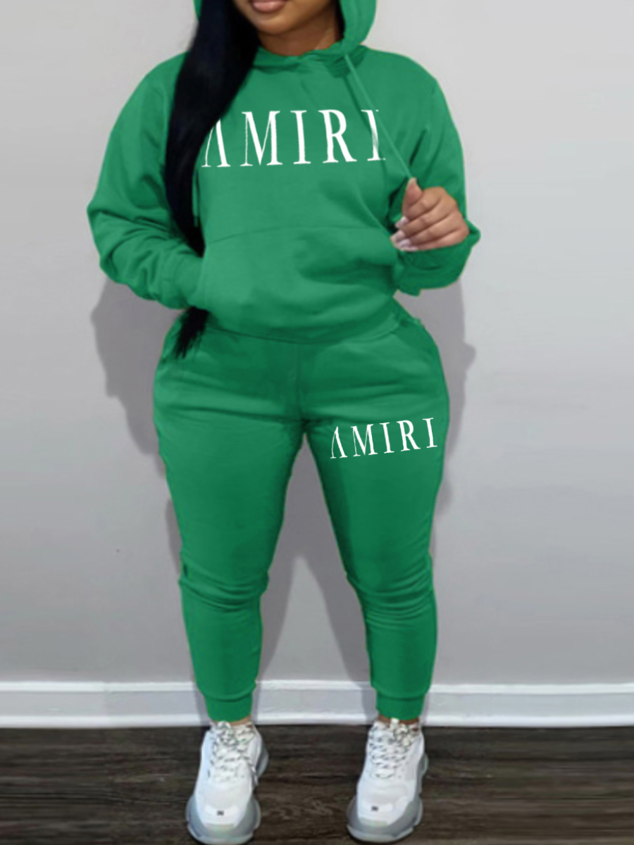 LW Plus Size Letter Print Kangaroo Pocket Tracksuit Set