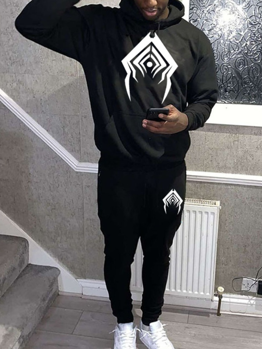 LW Men Geometric Print Kangaroo Pocket Tracksuit Set