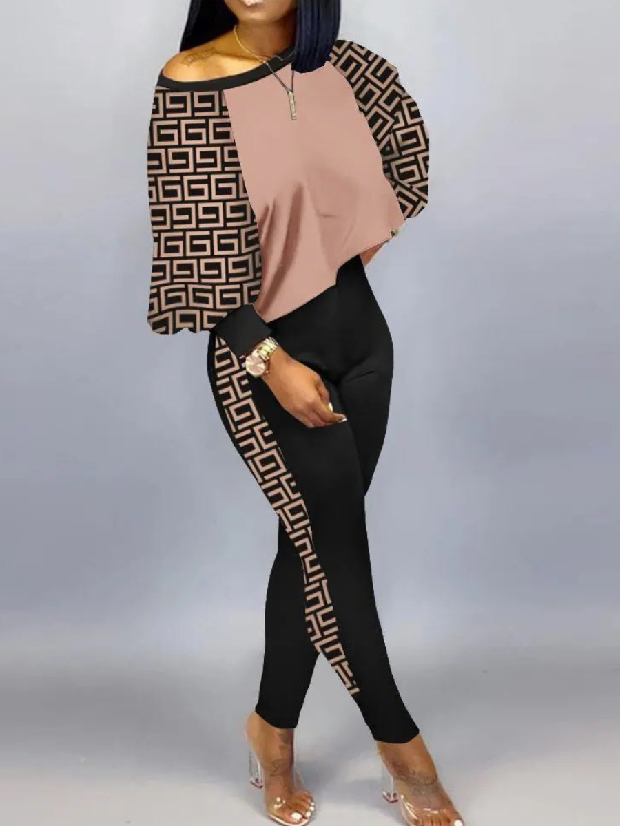 LovelyWholesale Crop Top Geometric Print Pants Set Fall Long Sleeve Casual Round Neck Spring Summer 2024