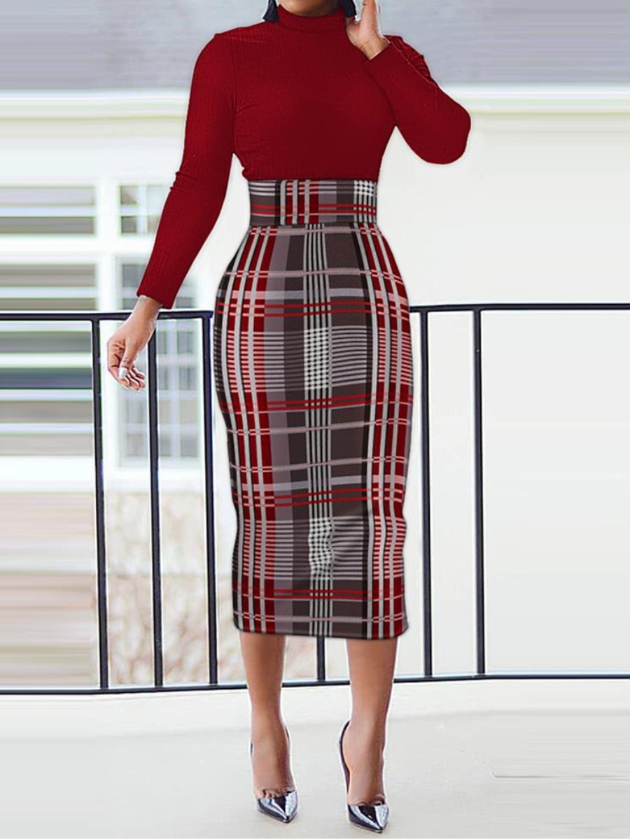 LW COTTON Plus Size Turtleneck Plaid Print Bodycon