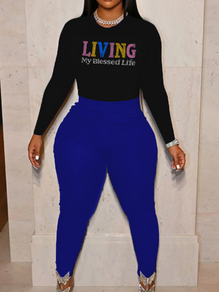 LW Plus Size Letter Print Patchwork Skinny Pants S