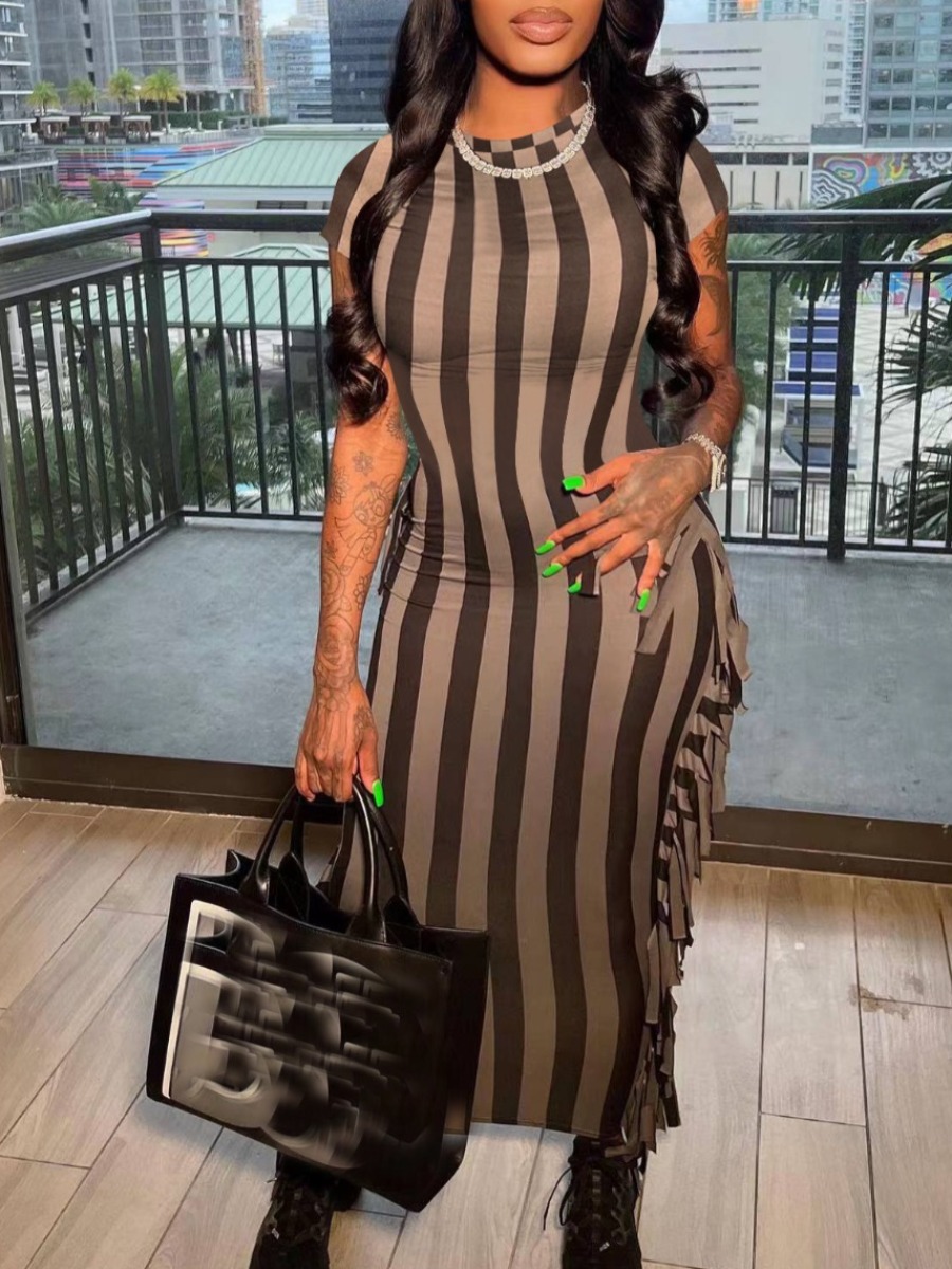 LovelyWholesale SXY Tassel Design Striped Bodycon Dress Summer Short Sleeve Sxy Round Neck Spring Summer 2024