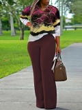 LW BASICS Plus Size V Neck Mixed Print Wide Leg Pants Set