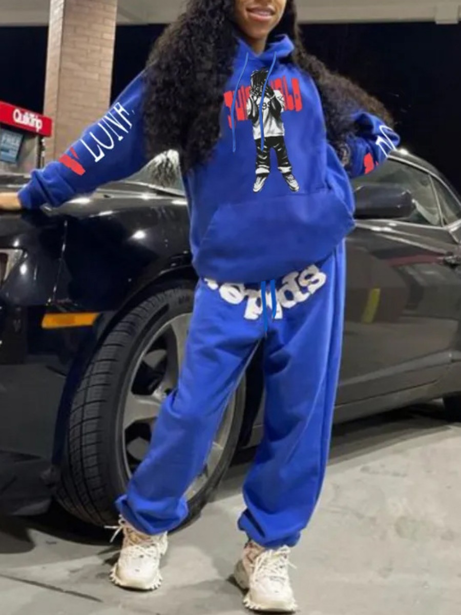 LW Figure Letter Print Kangaroo Pocket Tracksuit Set