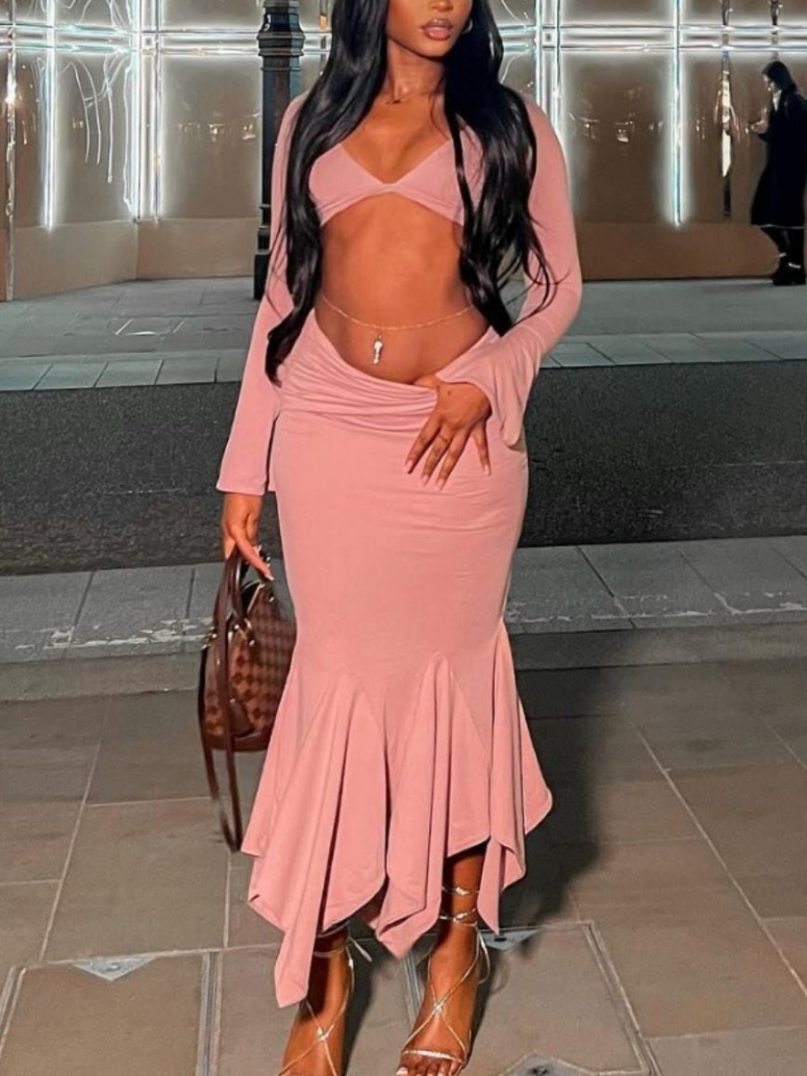 LovelyWholesale Asymmetrical Crop Top Solid Color Regular Two-piece Skirt Set Spring Long Sleeve Vacation V Neck Spring Summer 2024
