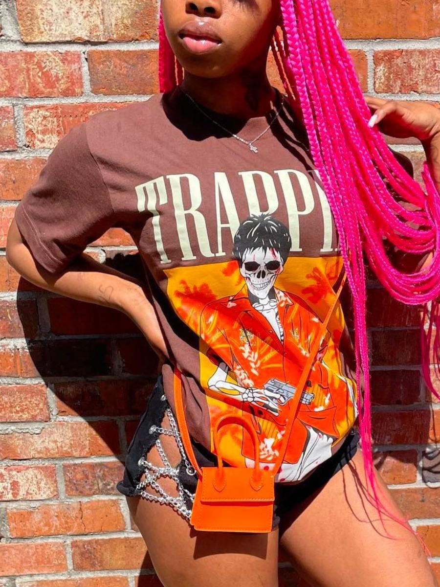 LovelyWholesale Skeleton Letter Print T-shirt Summer Short Sleeve Casual Pattern Round Neck Spring Summer 2024