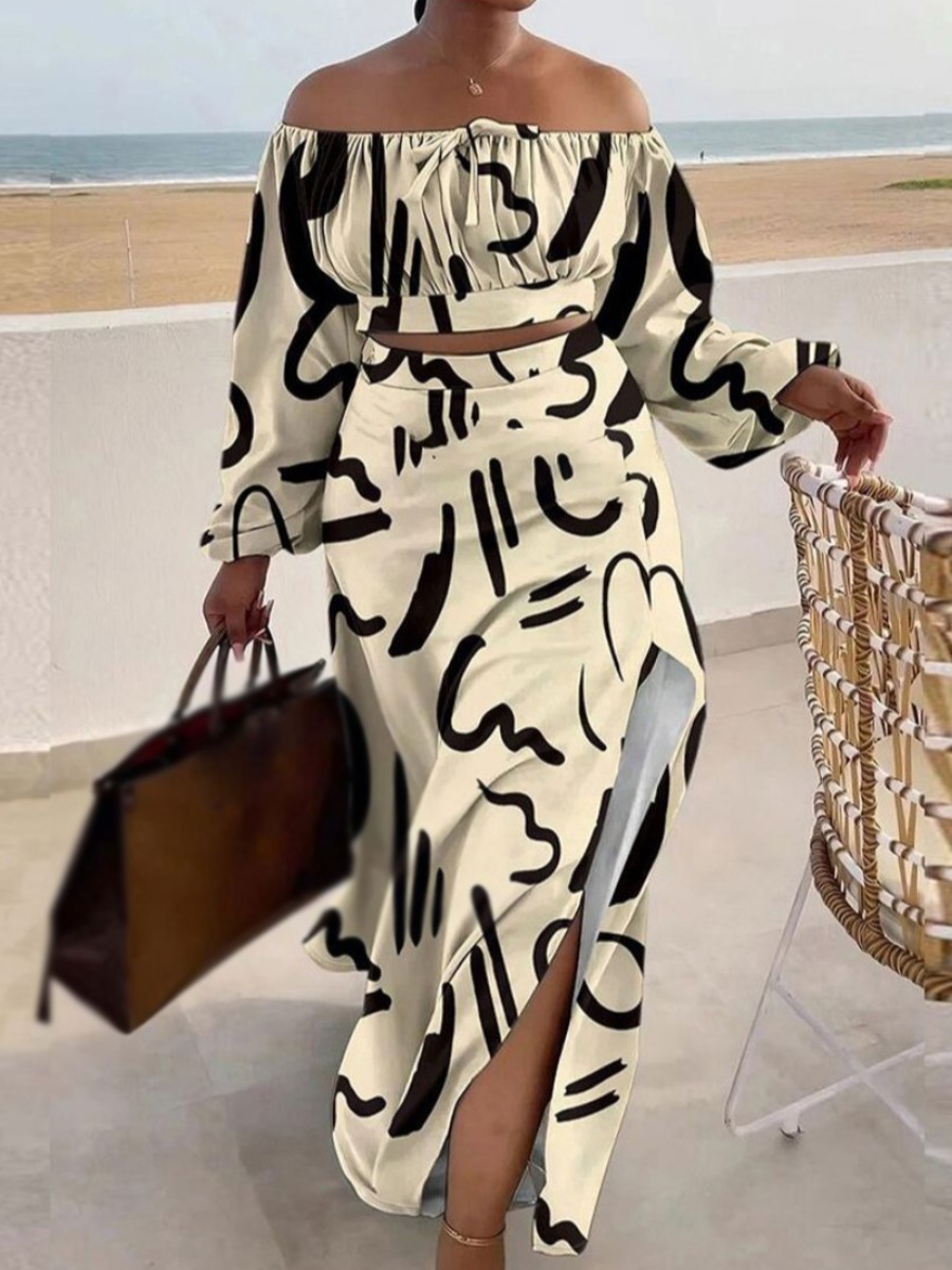 LovelyWholesale Plus Size Off The Shoulder Drawstring Thigh Slit Skirt Set Spring Long Sleeve Vacation Bateau Neck  3X Spring Summer 2024