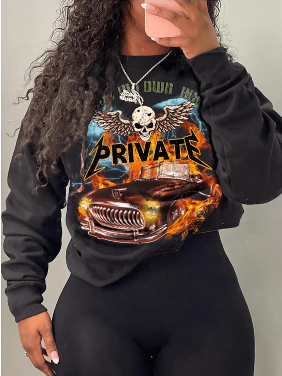 LovelyWholesale Plus Size Skull Head Racing Car Letter Print Sweatshirt Fall Long Sleeve Casual Pattern Round Neck  5X Spring Summer 2024