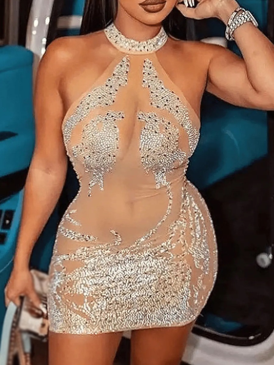 LW SXY Halter Neck Rhinestone See Through Bodycon Dress